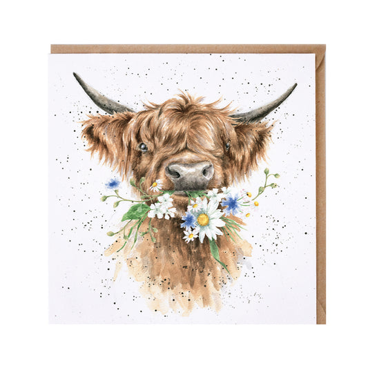 Wrendale Designs Grusskarte Hochlandrind mit Blumen "Daisy Cow"